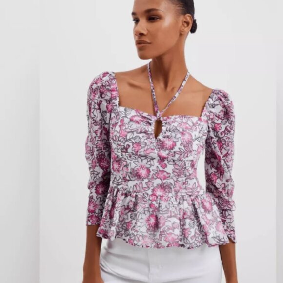 FRENCH CONNECTION Floral Halter Peplum Top Smocked Pink Purple Size Large New - Picture 1 of 8